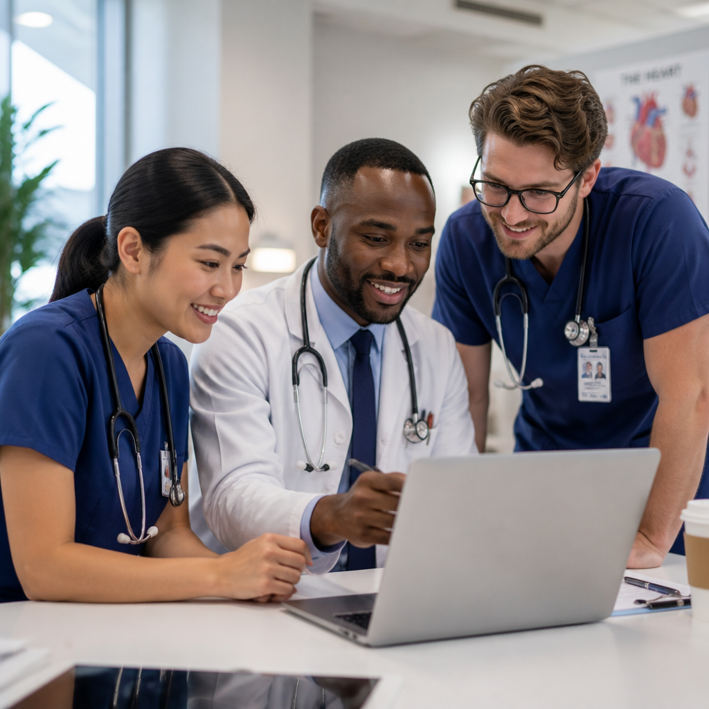 Cardiology care team collaborating around a laptop